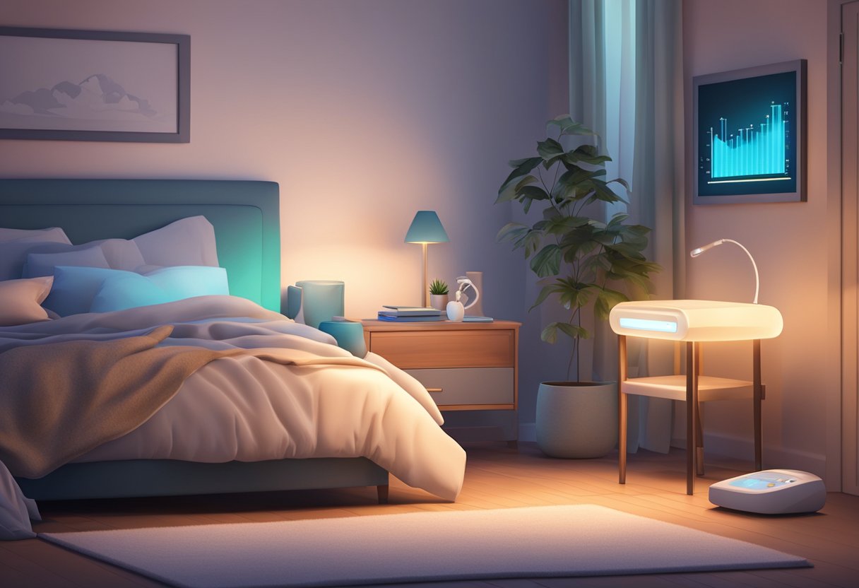 A cozy bedroom with a bedside table holding a sleep oxygen monitor. The soft glow of the monitor's display illuminates the room