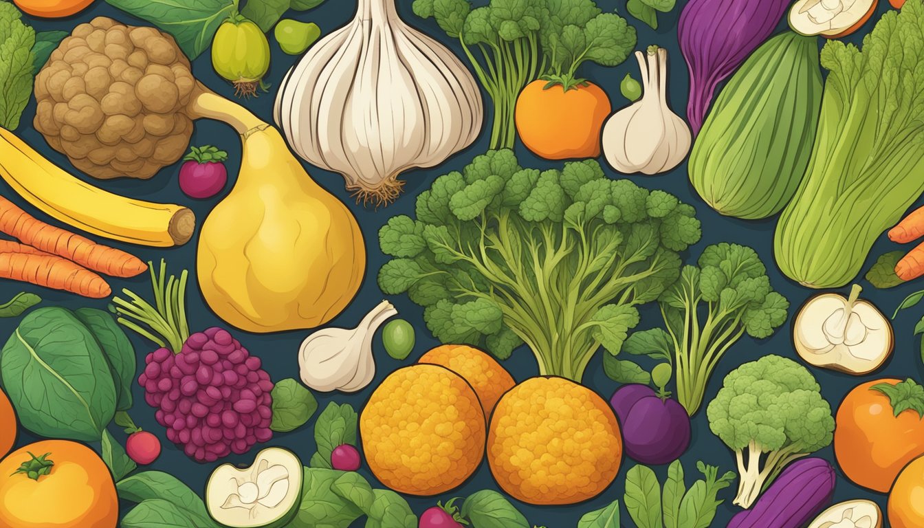 A vibrant illustration of maca root surrounded by various fruits and vegetables, highlighting its nutritional profile and healing powers