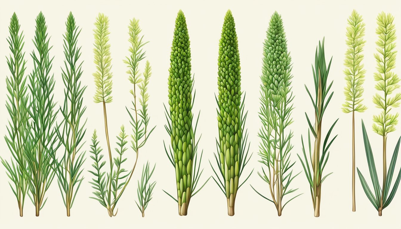 A close-up illustration of horsetail plant with detailed focus on its nutritional components and healing properties