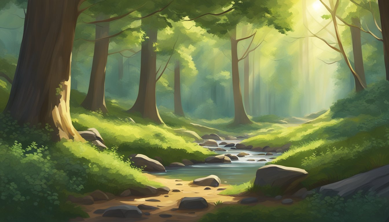 A serene forest clearing with a stream, where juniper berries grow abundantly among lush green foliage, with shafts of sunlight filtering through the trees