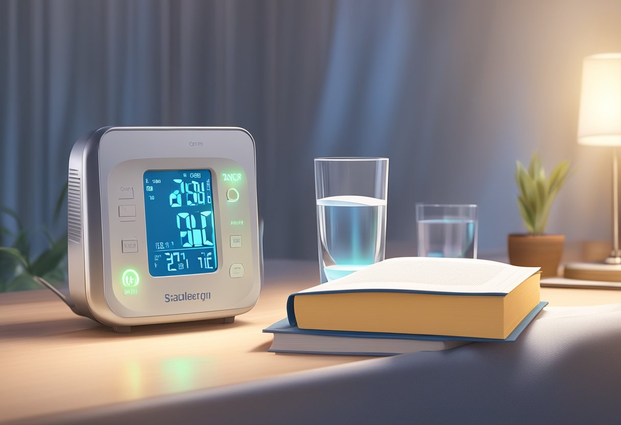 A sleep oxygen monitor sits on a bedside table next to a glass of water and a book, with a soft glow illuminating the room