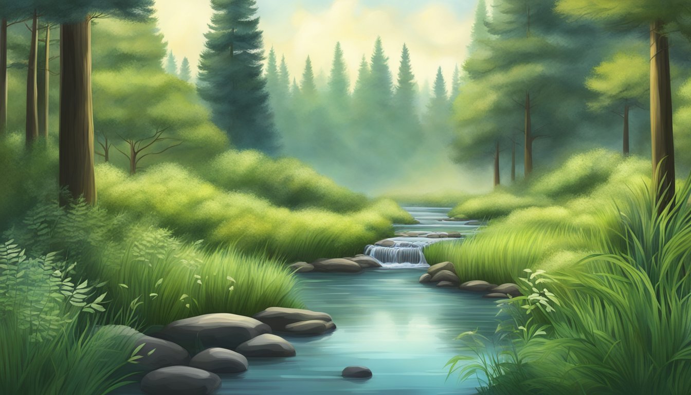 A serene forest clearing with a bubbling stream, surrounded by tall horsetail plants. A sense of tranquility and healing emanates from the scene