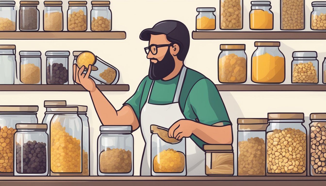 A person purchasing maca root at a health food store and then storing it in a glass jar on a kitchen shelf