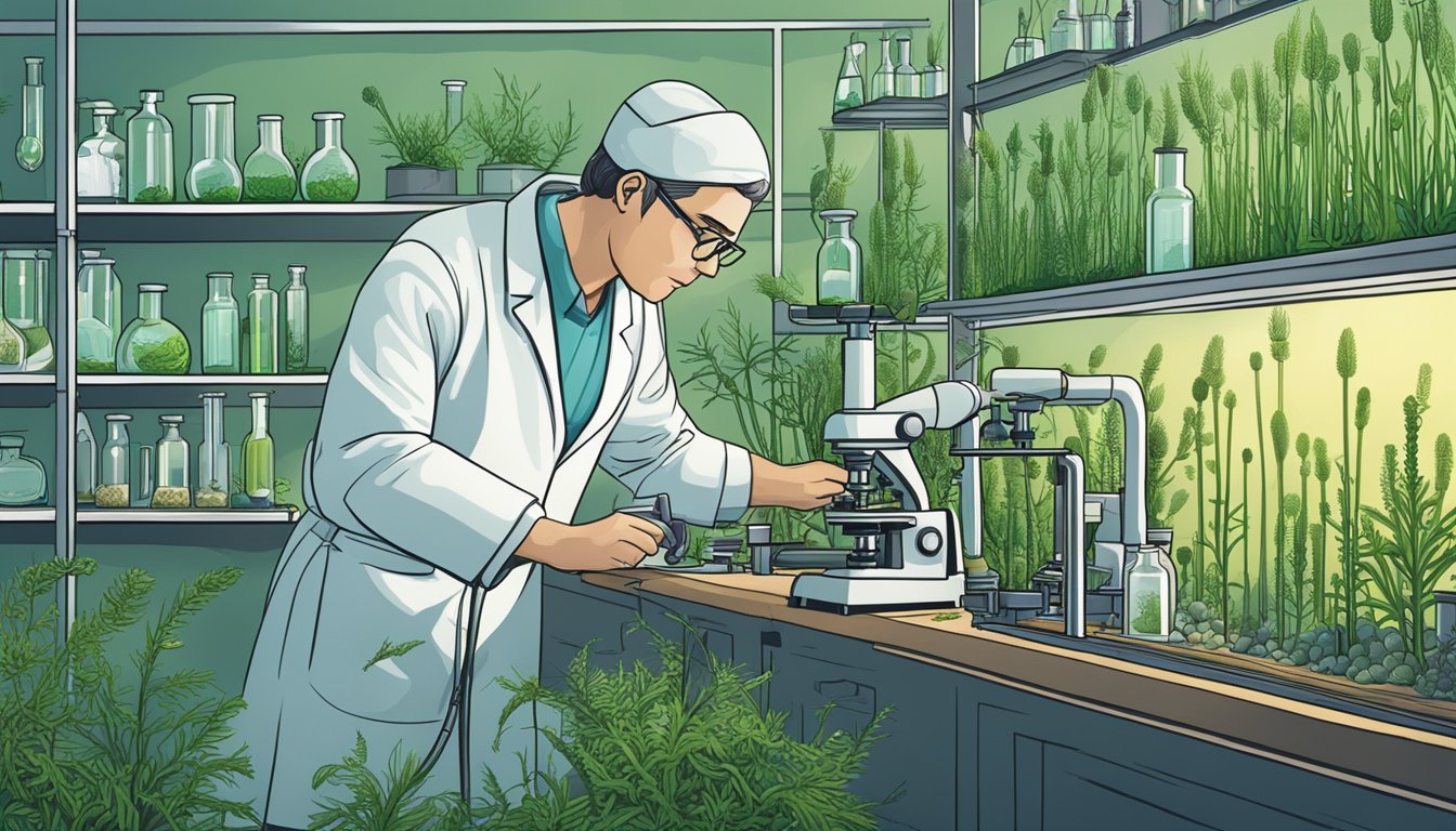 A scientist in a lab, surrounded by test tubes and microscopes, carefully studying the intricate structures of horsetail plants