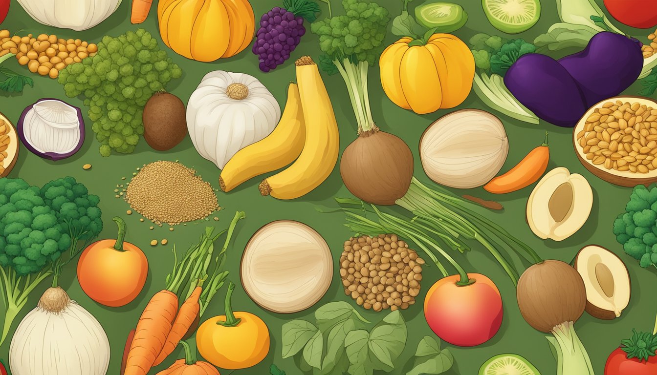 A vibrant display of maca root surrounded by various fruits, vegetables, and grains, showcasing its integration into a healthy and balanced diet