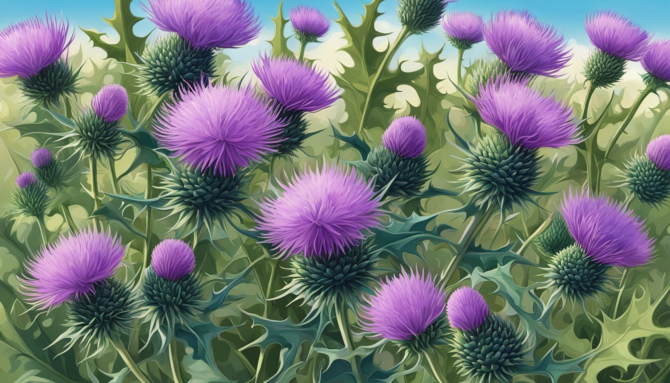 A lush field of milk thistle plants swaying in the breeze, with their vibrant purple flowers and spiky leaves, surrounded by a backdrop of rolling hills and a clear blue sky