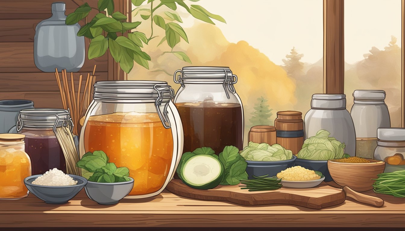 A bubbling jar of kombucha kimchi sits on a wooden table, surrounded by traditional Korean ingredients and cooking utensils. The rich aroma of fermentation fills the air