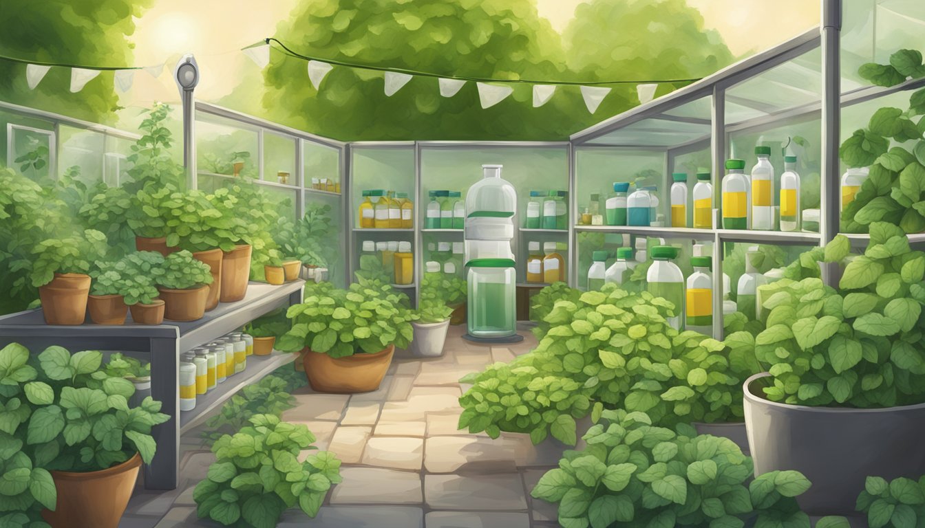 A serene garden with lemon balm plants surrounded by caution signs and various medication bottles