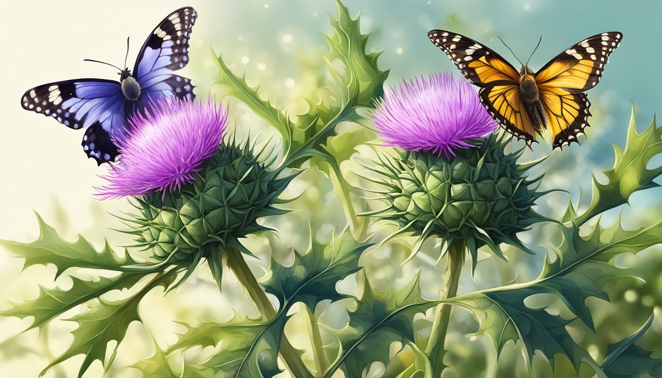 Milk thistle plant in full bloom, surrounded by bees and butterflies, with sunlight filtering through the leaves