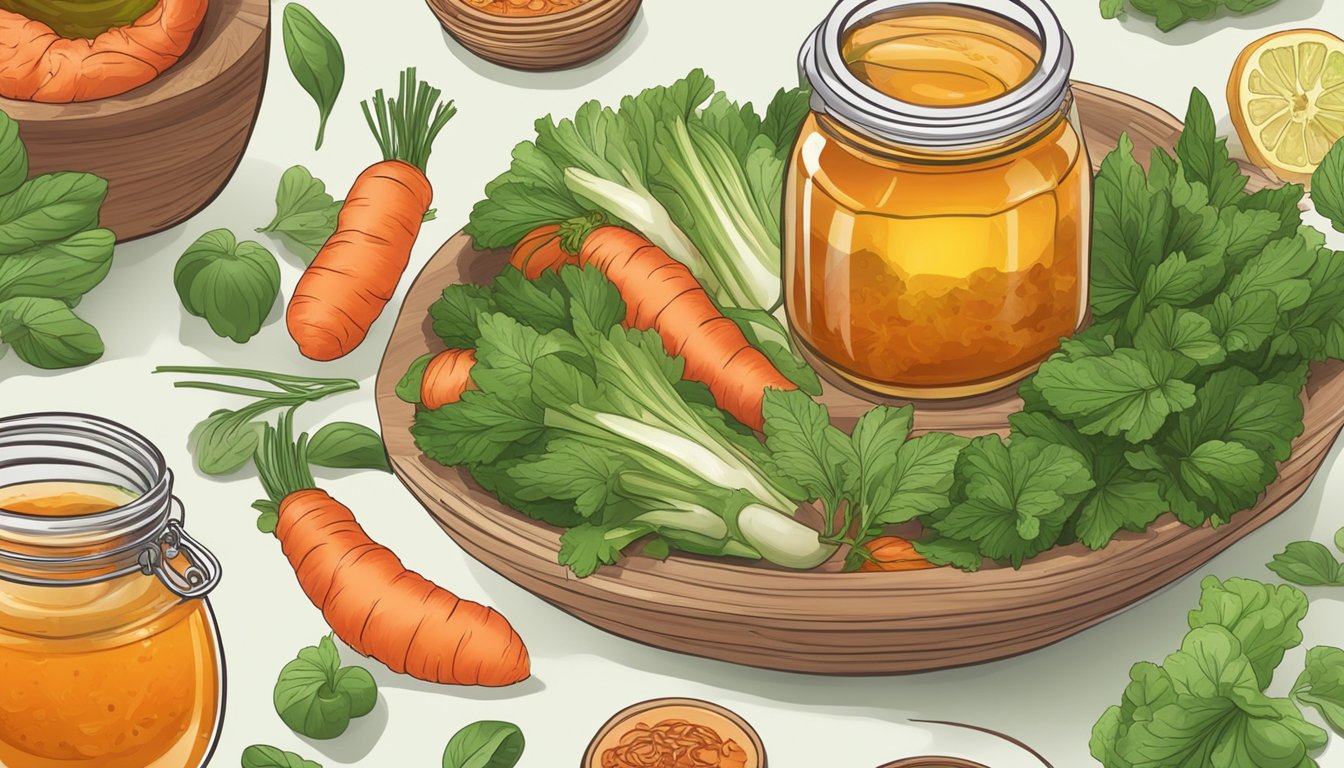 A glass jar of kombucha and a bowl of kimchi surrounded by fresh vegetables and herbs