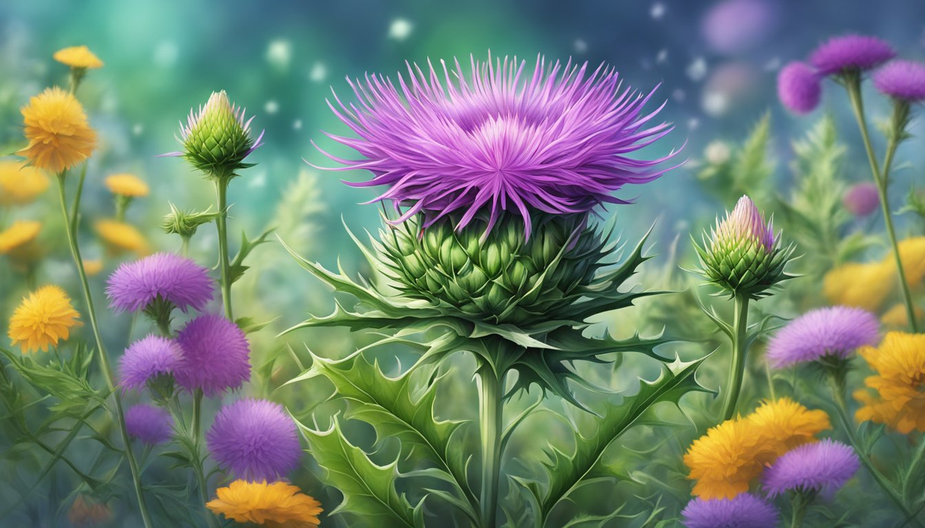 A vibrant milk thistle plant grows among other colorful herbs and flowers in a lush garden, symbolizing its healing powers beyond the liver