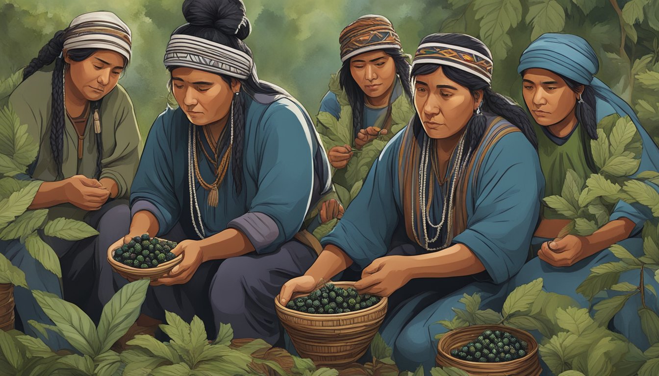 A group of Mapuche people gather maqui berries from the lush forest, using traditional methods to harness the healing powers of the fruit