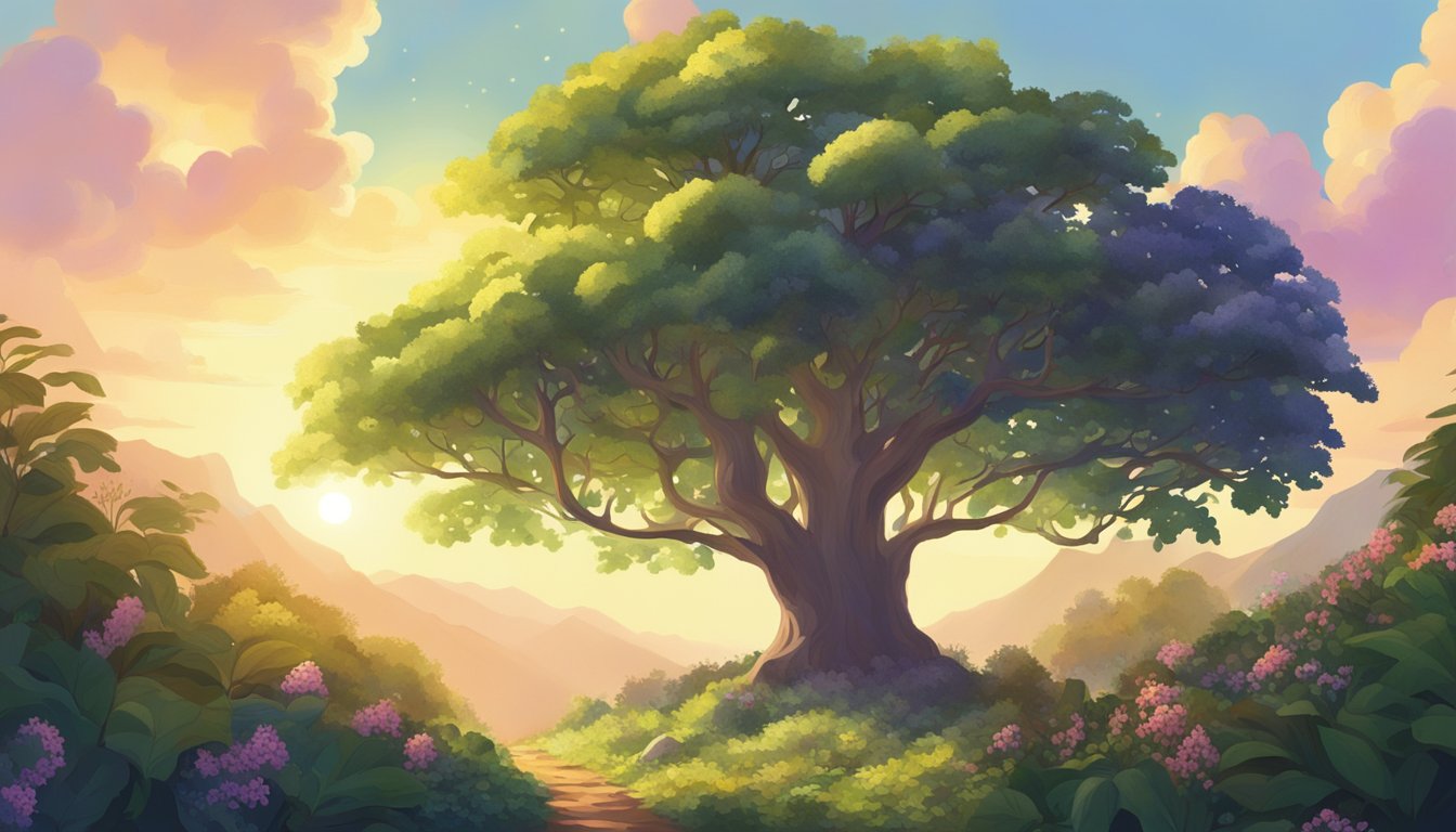 A lush, vibrant forest with a towering maqui berry bush at its center, surrounded by smaller plants and flowers. The sun shines down, casting a warm, healing glow over the scene