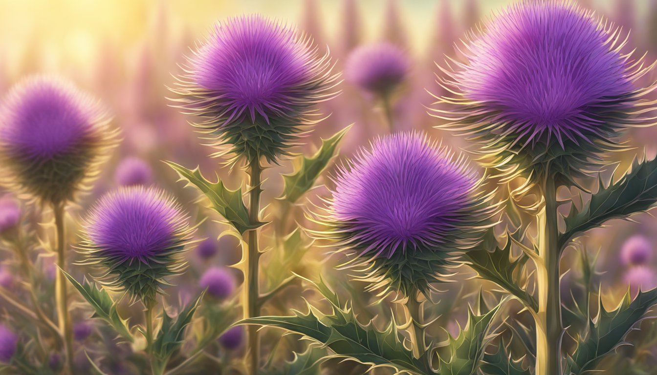 A lush field of milk thistle plants bathed in golden sunlight, with delicate purple flowers blooming among the spiky leaves