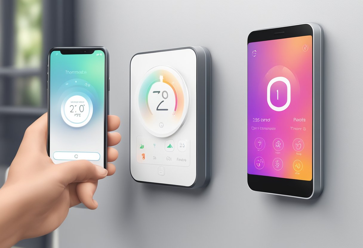 Smart Thermostats with App Control: Revolutionizing Home Climate Management 2 A hand adjusting a smart thermostat on a wall, while a smartphone displays the app control interface