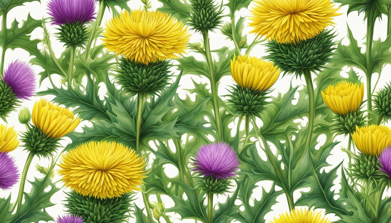 A vibrant milk thistle plant stands tall, surrounded by lush green foliage and bright yellow flowers, exuding a sense of healing and vitality