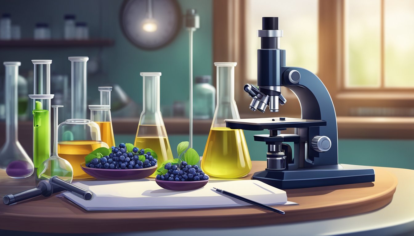 A laboratory table with beakers, test tubes, and scientific equipment. A microscope and a fresh maqui berry specimen under examination