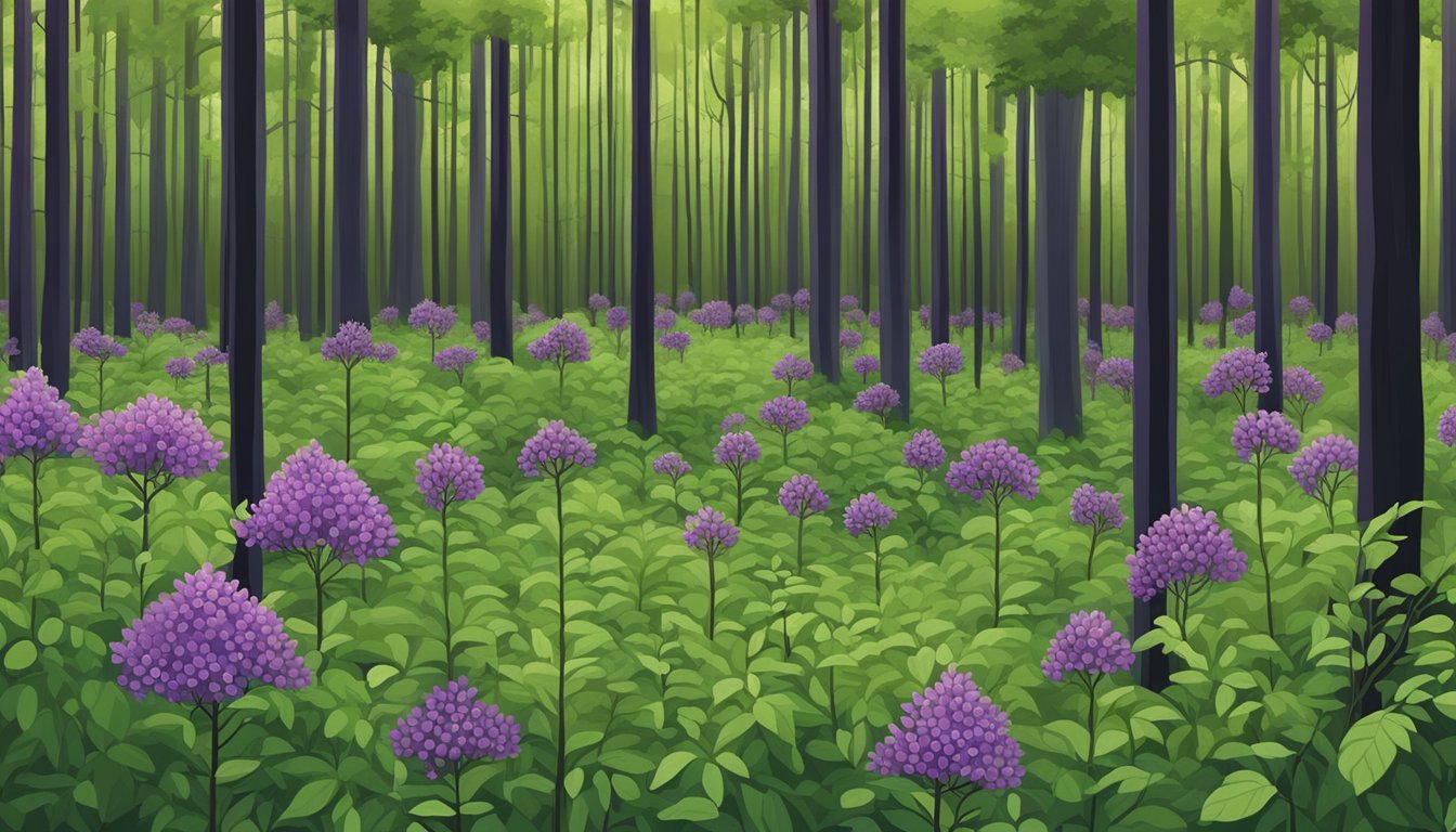 A field of licorice plants with their long, green stems and small purple flowers, surrounded by a forest of tall trees