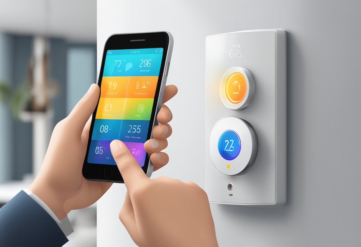 A hand adjusting a smart thermostat on a wall with a smartphone displaying an app for remote control