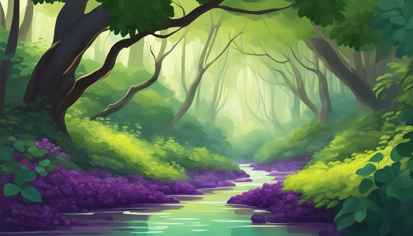 A lush green forest with a clear stream running through it, surrounded by vibrant maqui berry bushes with deep purple berries hanging from the branches