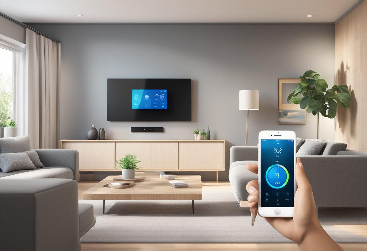 A modern living room with a smart thermostat on the wall, connected to a smartphone displaying the app interface. The thermostat is set to an optimized temperature for energy efficiency