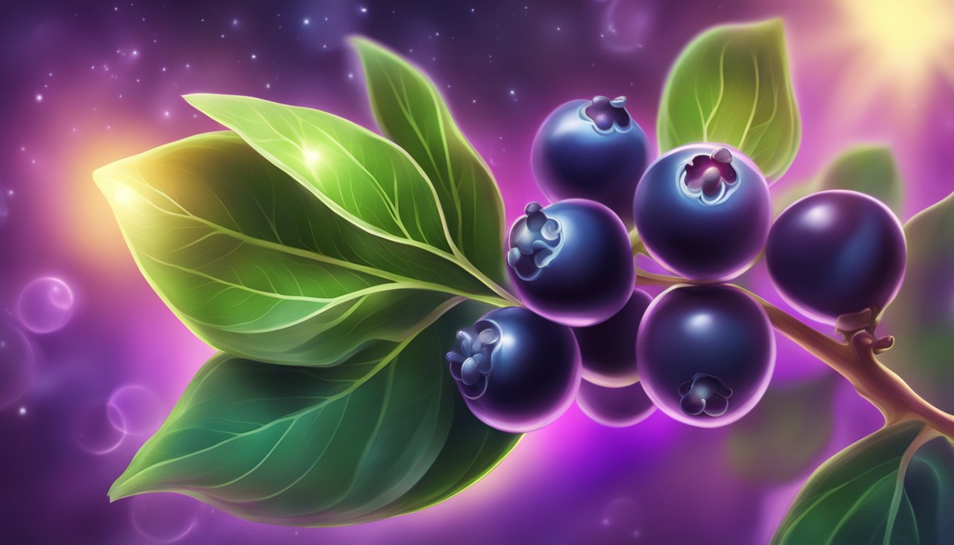 A vibrant maqui berry plant surrounded by swirling energy and glowing with healing light