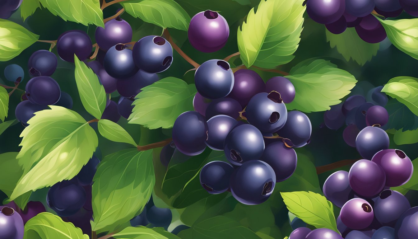 A lush maqui berry bush surrounded by vibrant green foliage, with ripe, deep purple berries glistening in the sunlight