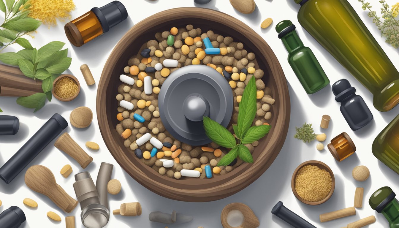 A mortar and pestle grinding licorice root, surrounded by bottles of medications and herbal supplements