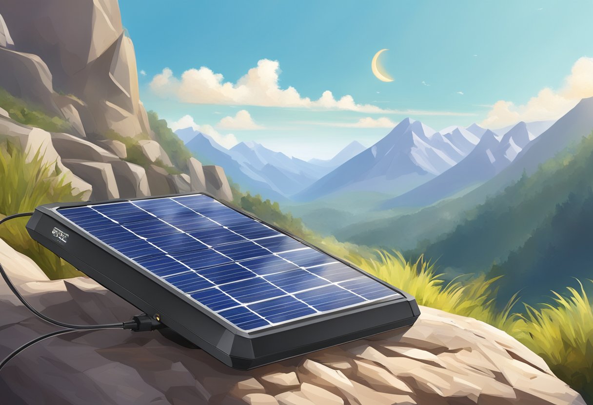 A rugged solar charger sits on a rocky mountaintop, soaking up the sun's rays amidst a backdrop of towering peaks and clear blue skies