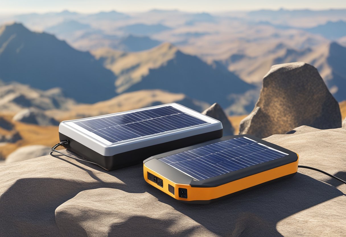 A rugged solar charger resting on a rocky mountaintop, absorbing sunlight under a clear blue sky