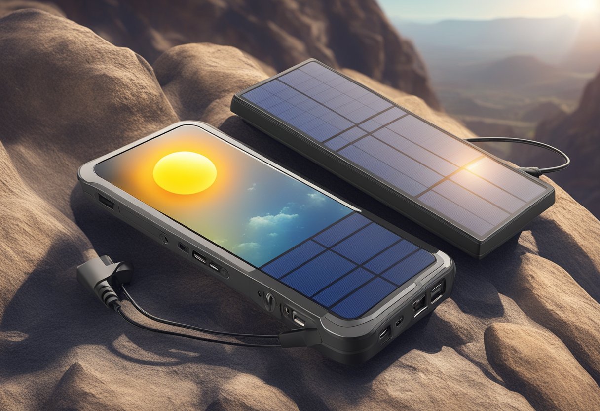 A solar charger connected to a phone on a rocky terrain under a bright sun