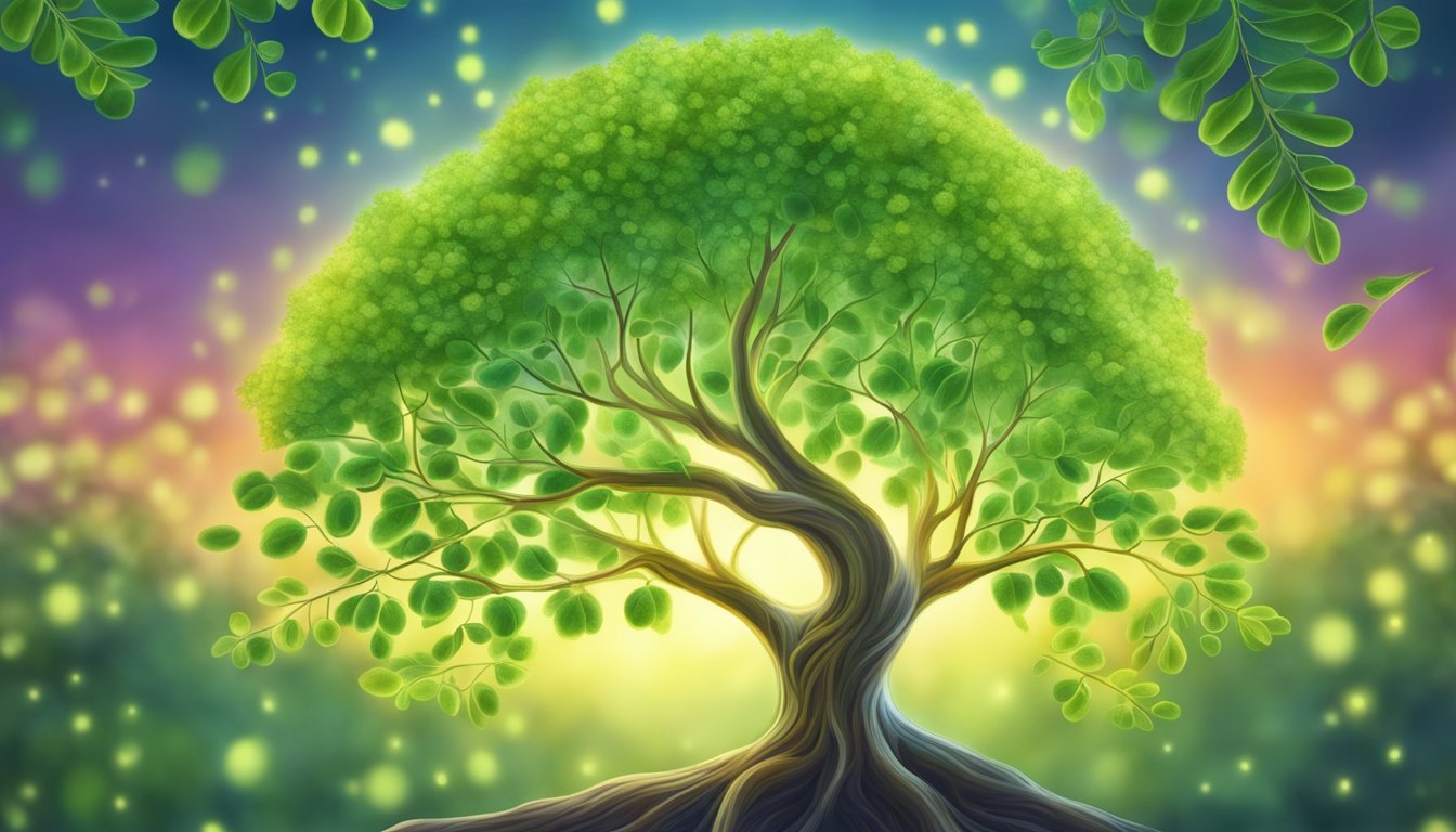 A vibrant moringa tree with leaves and seeds, surrounded by a glowing aura of healing energy