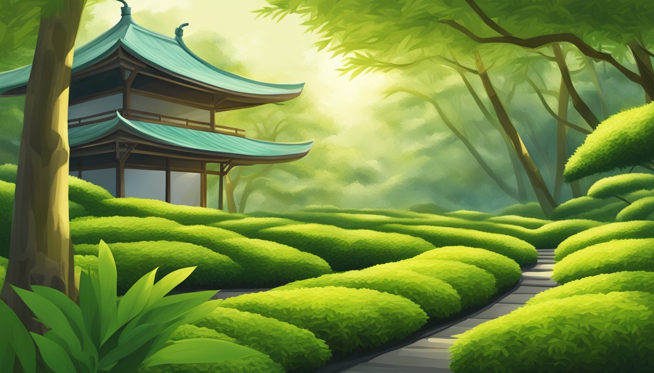 A serene Japanese tea garden with vibrant green tea leaves growing under the shade of a bamboo grove. Gentle sunlight filters through the leaves, illuminating the peaceful scene