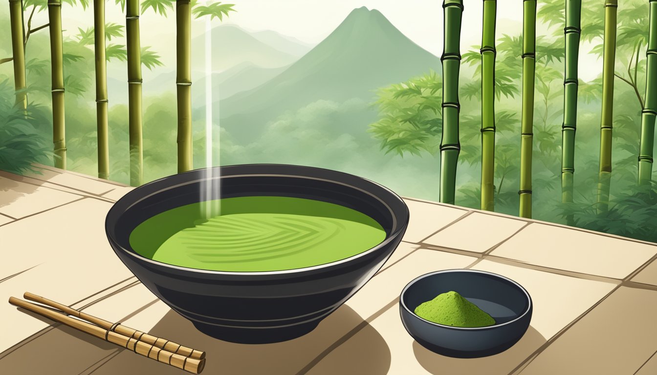 A serene Japanese garden with a traditional tea ceremony set-up, featuring a bamboo whisk and a bowl of vibrant green matcha powder