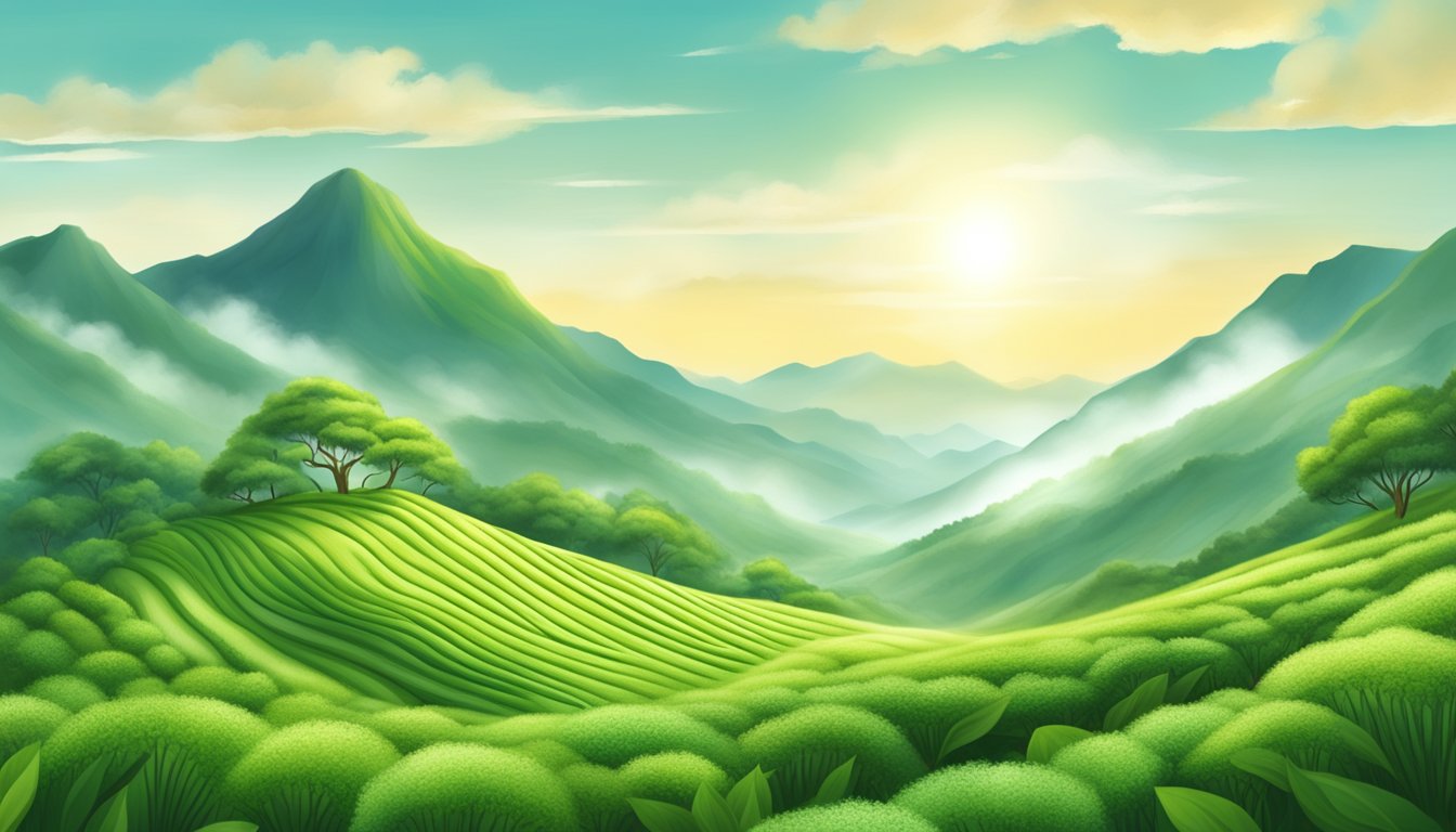 A serene mountain landscape with a lush green tea field, surrounded by mist and sunlight, showcasing the natural beauty and healing properties of matcha