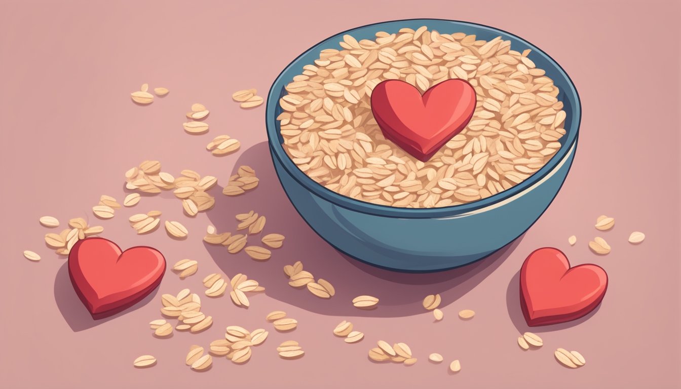 A bowl of oats surrounded by heart-shaped oats, with a heart and blood vessels in the background