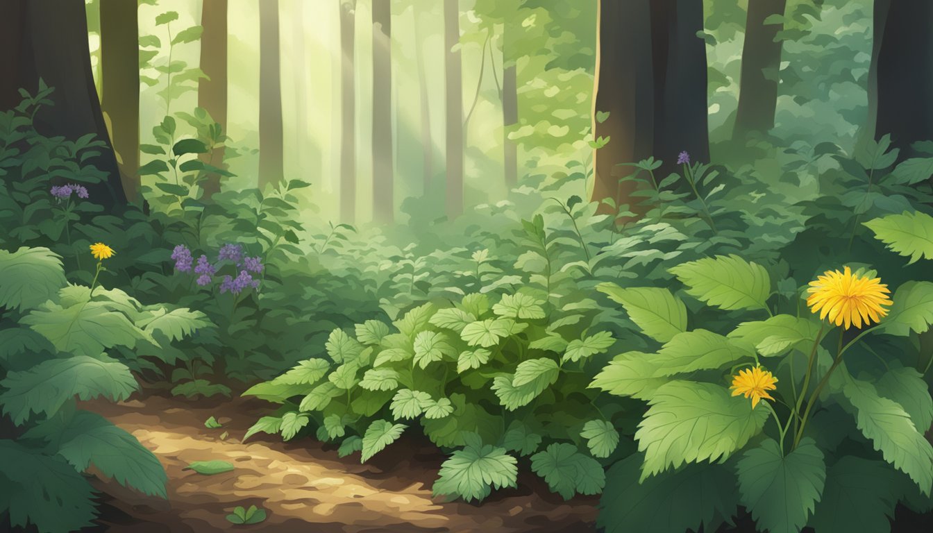 A lush forest floor with nettle plants in dappled sunlight, surrounded by herbs and flowers