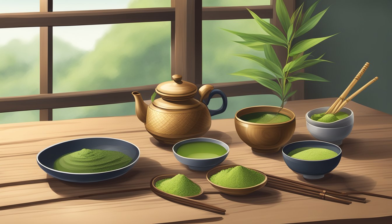 A serene tea ceremony with matcha powder, bamboo whisk, and traditional utensils on a wooden table