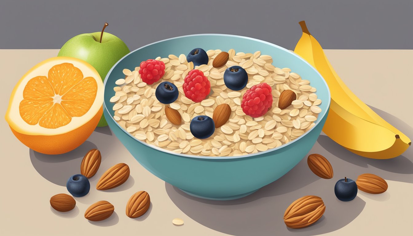 A bowl of oats surrounded by fresh fruits, nuts, and a measuring tape