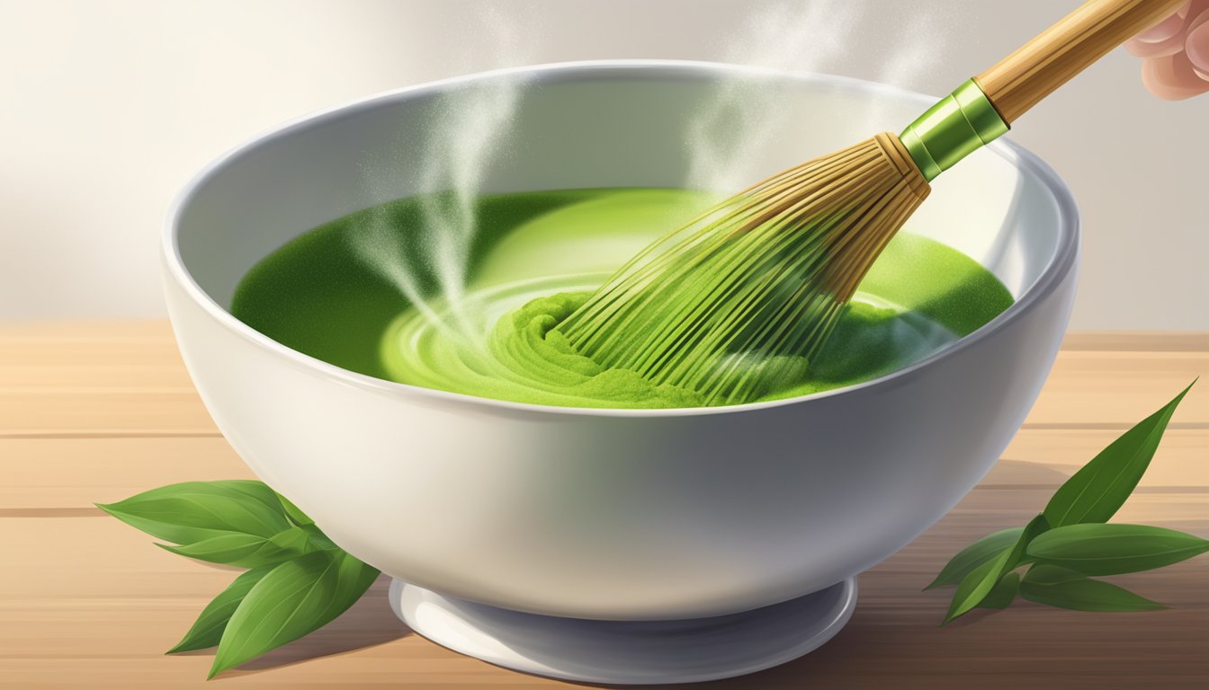 A bamboo whisk stirs vibrant green matcha powder in a ceramic bowl, creating a frothy and soothing elixir