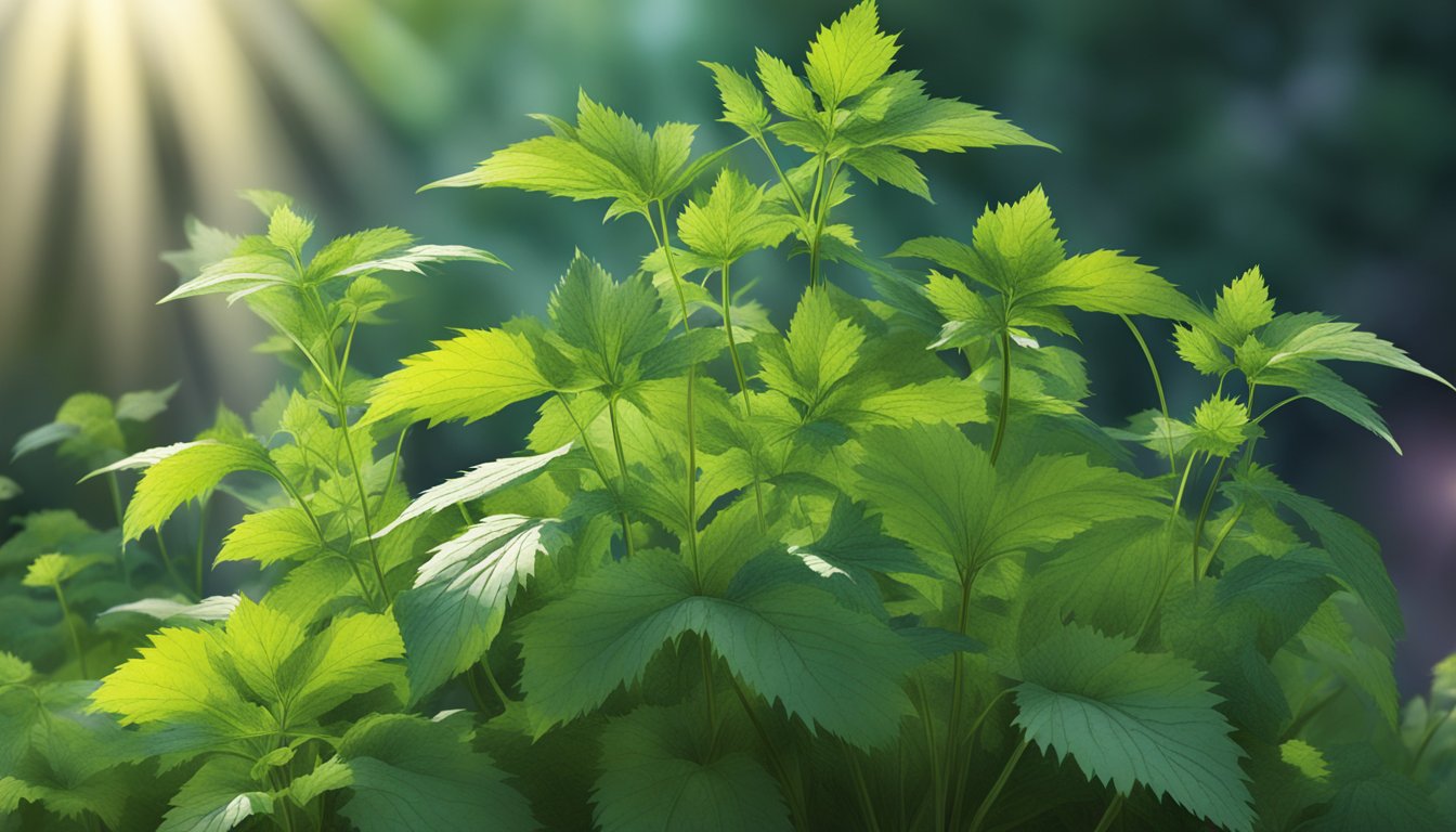 A vibrant nettle plant surrounded by other herbs, with sunlight streaming through the leaves