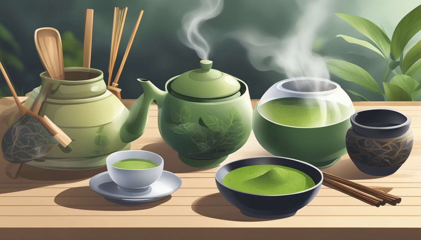 A serene tea ceremony setting with a steaming cup of matcha surrounded by traditional Japanese utensils and greenery