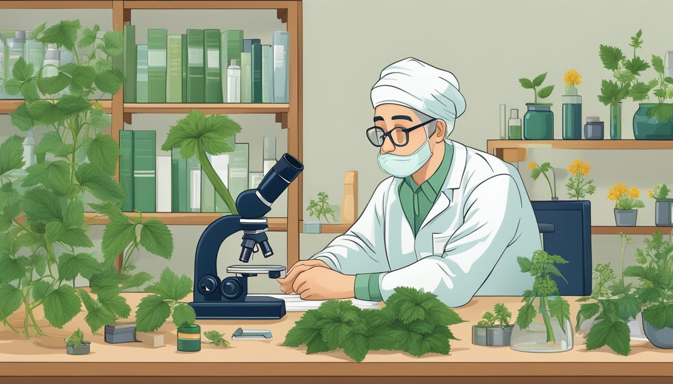 A scientist carefully examines a blooming nettle plant under a microscope, surrounded by research equipment and books on herbal medicine