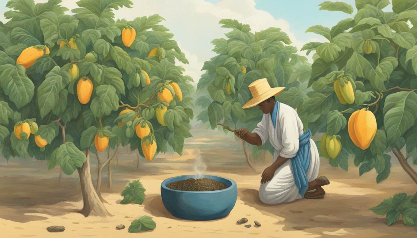 A papaya tree stands tall, bearing ripe fruit. A mortar and pestle sit nearby, filled with crushed papaya leaves. A figure in historical clothing studies the plant's healing properties