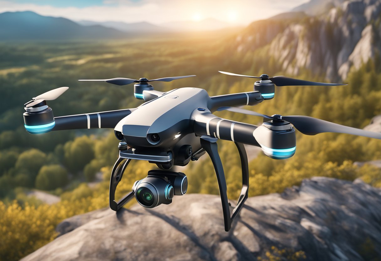 A drone hovering over a scenic landscape, capturing high-quality footage with its advanced camera capabilities