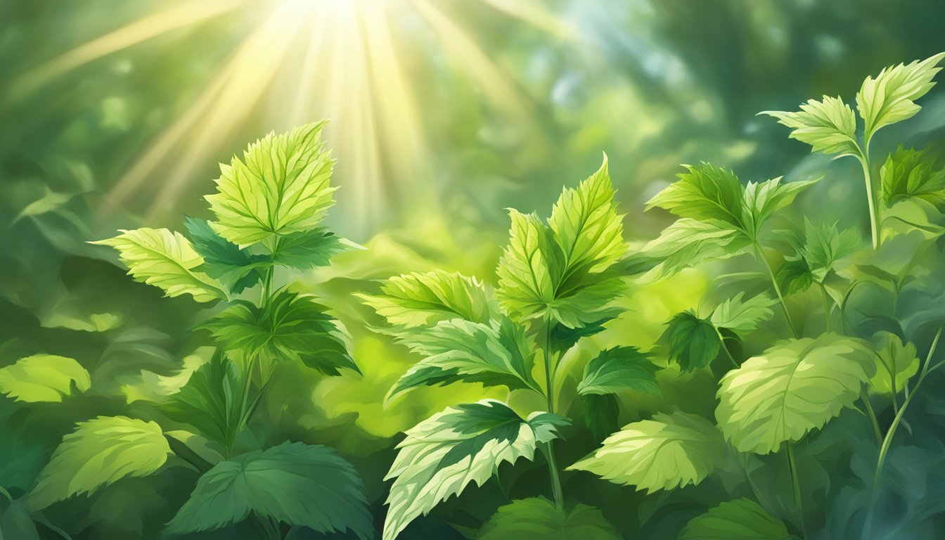 A lush green nettle plant surrounded by other wild herbs and flowers, with rays of sunlight shining down on it