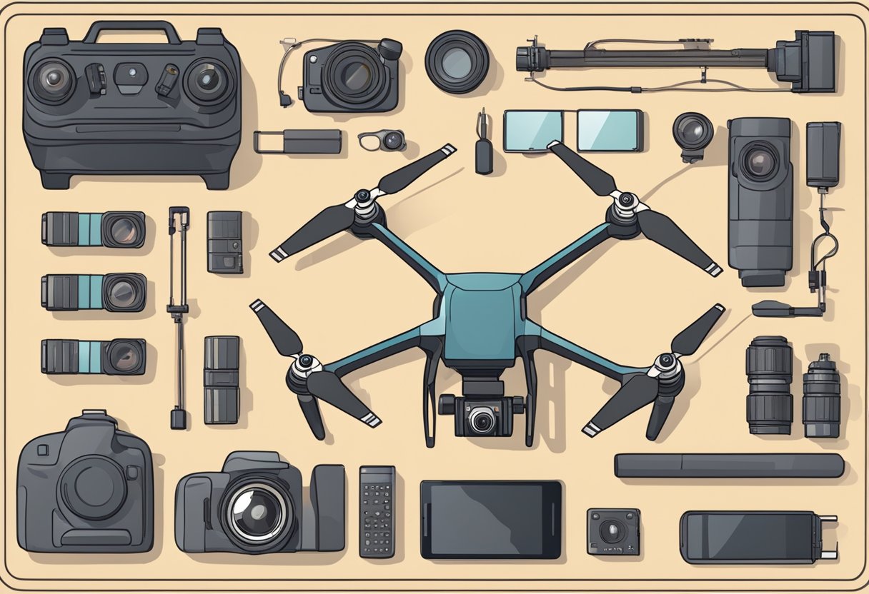 A drone hovers above a table with various videography accessories laid out, including a camera, lenses, and stabilizing equipment