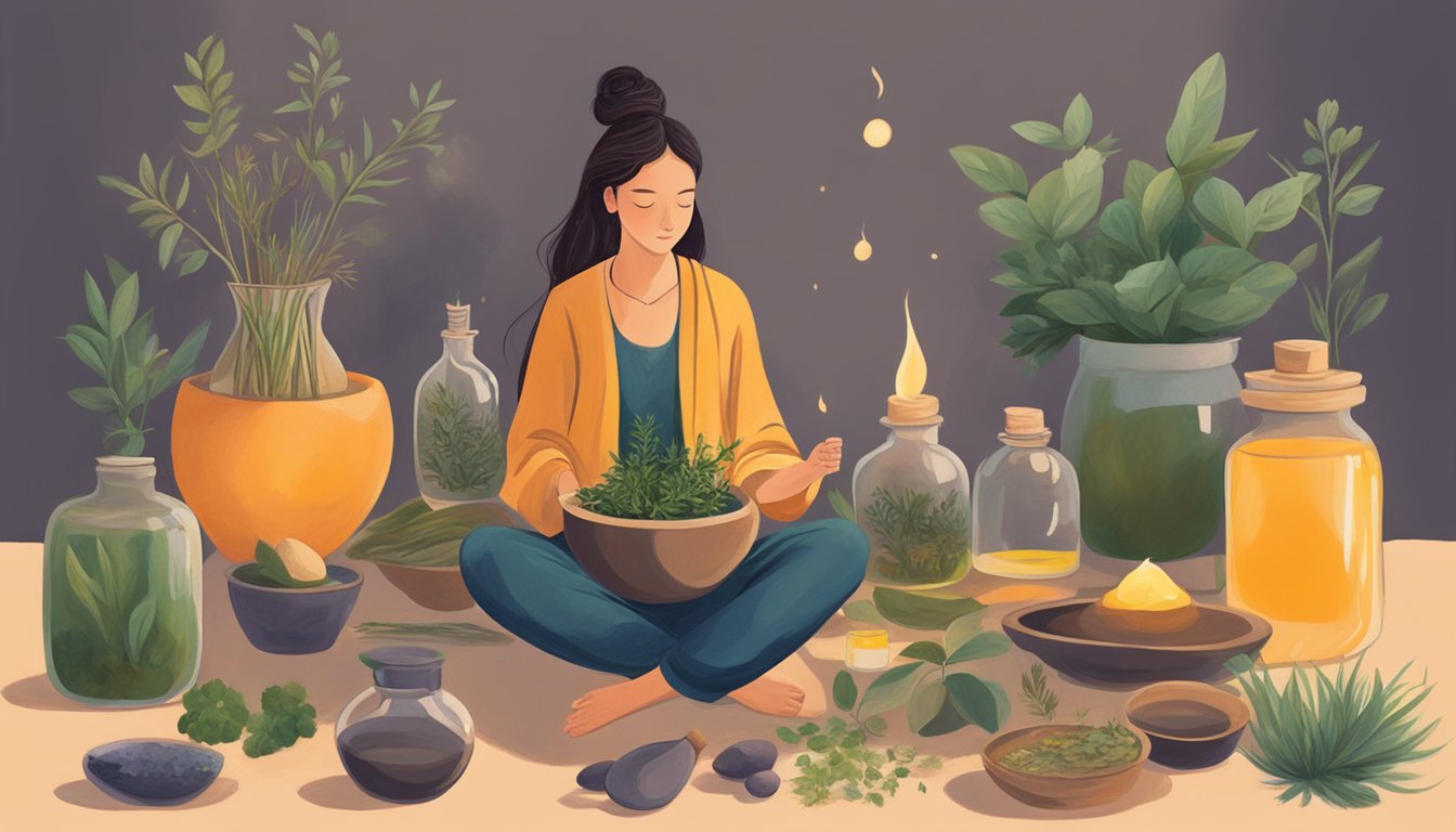 A serene figure sits cross-legged, surrounded by various oils and herbs, with a warm glow emanating from a small bowl of oil in front of them