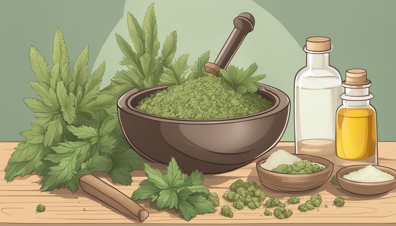 A mortar and pestle grinding dried mullein leaves, while a measuring spoon pours the powdered herb into a capsule