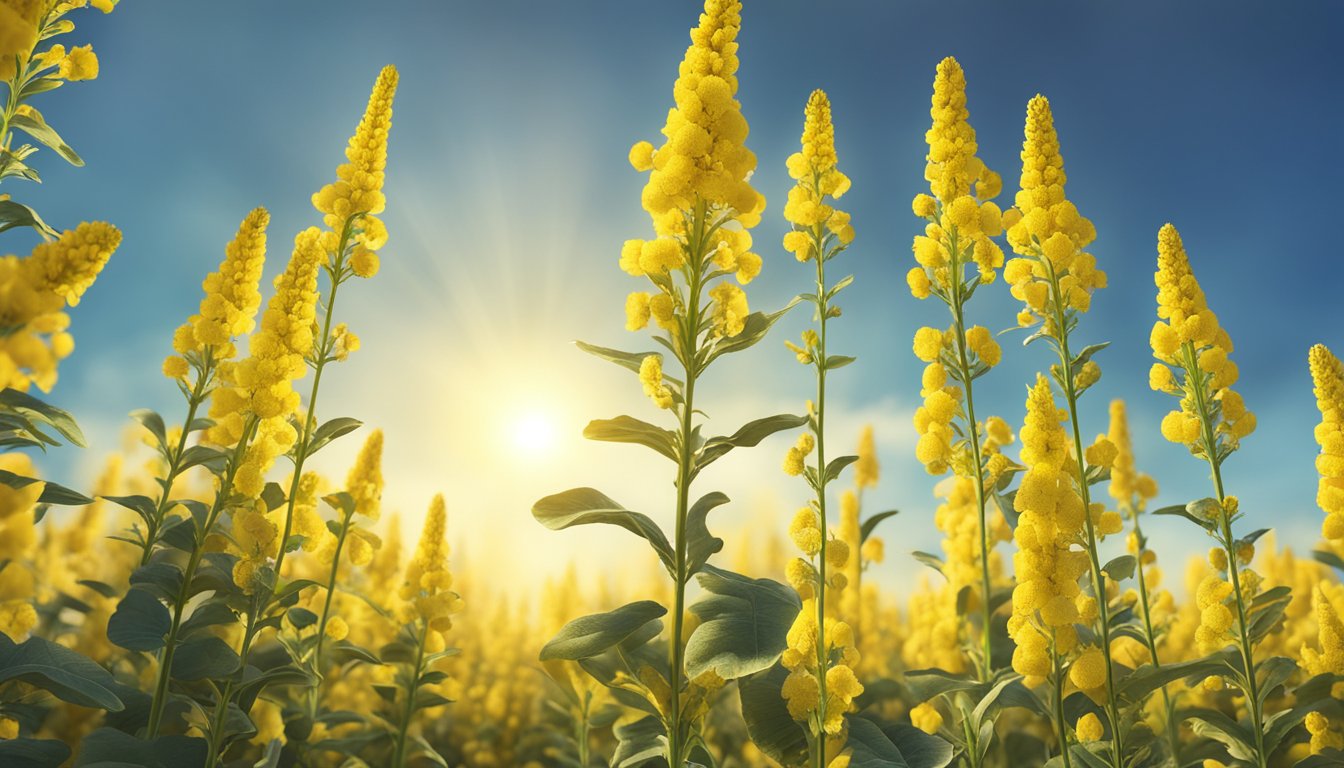 A field of vibrant yellow mullein flowers reaching towards the sky, surrounded by lush greenery and bathed in golden sunlight